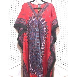 Bell Pepper Fashion Wear Red Boho Patchwork Print Kaftan Maxi Dress Free Size